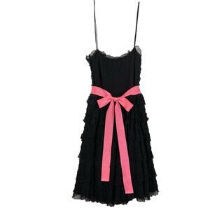 RED VALENTINO Dress 46~S~M Silk Pink-Bow Black-Tulle Fit&Flare Ruffle Layered